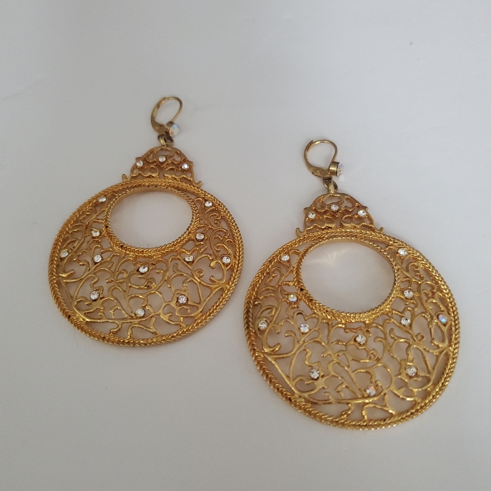 Large Gold Hoop Filagree Earrings w/ Faceted White Stones